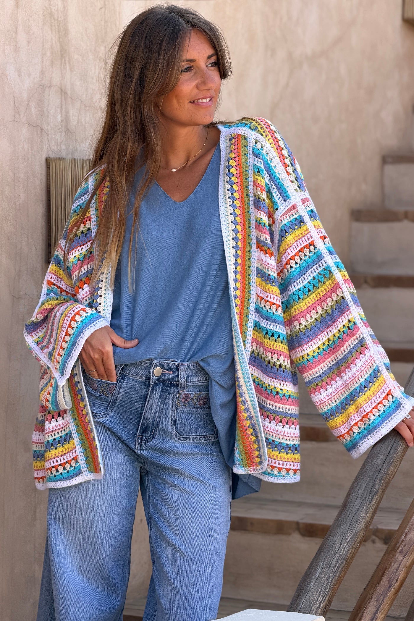 White Rainbow Summer Stripes Crochet Cardigan