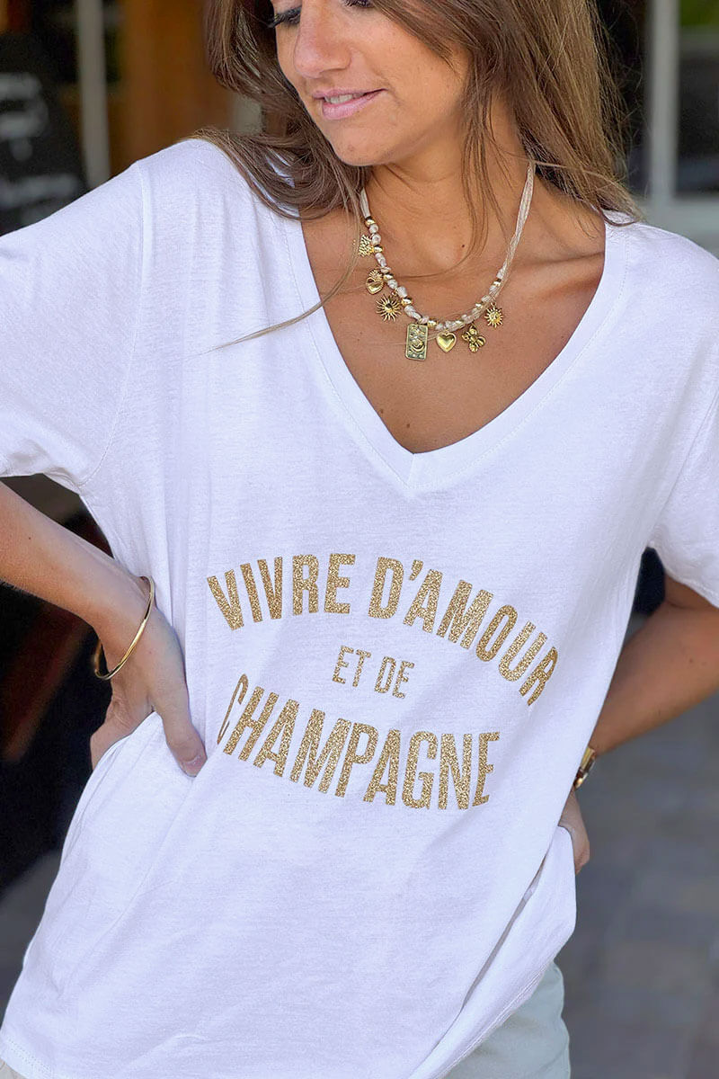 White “Vivre D’Amour et de Champagne” V-Neck Tee
