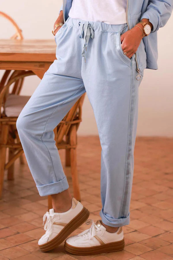 Baby Blue Satin Trim Ponte Knit Pull-On Pants