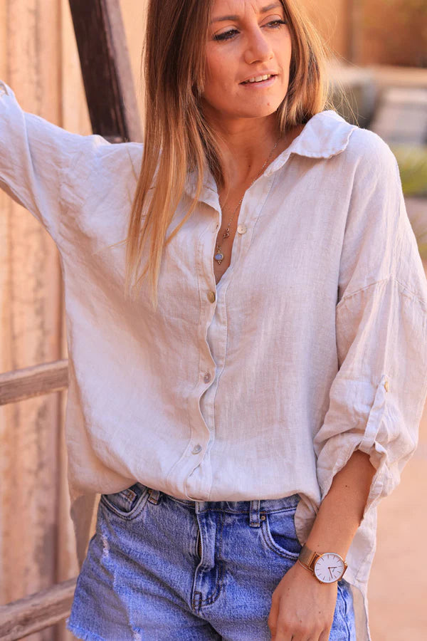 Beige 3/4 length sleeve longline linen Button-Down Shirt