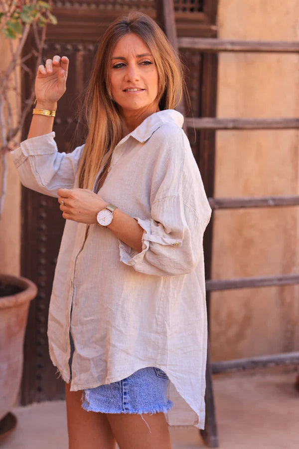 Beige 3/4 length sleeve longline linen Button-Down Shirt