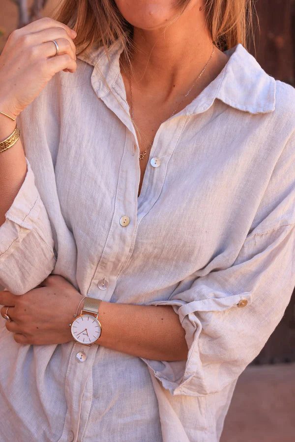 Beige 3/4 length sleeve longline linen Button-Down Shirt