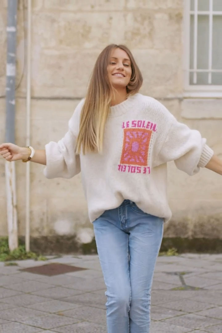 Cream Chunky Knit Sweater with Vibrant Sun Embroidery