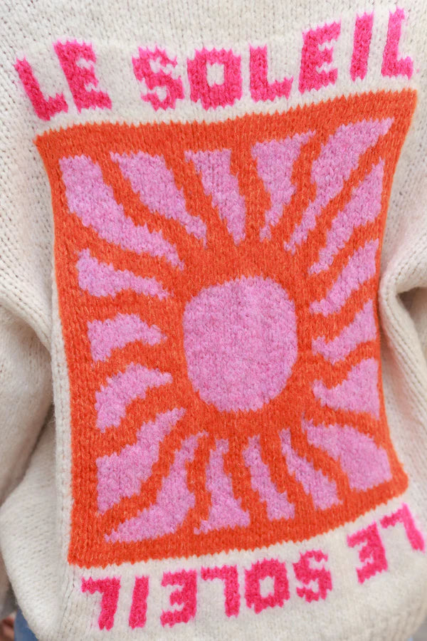 Cream Chunky Knit Sweater with Vibrant Sun Embroidery