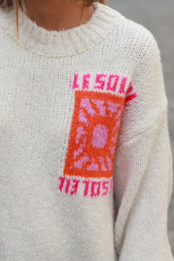 Cream Chunky Knit Sweater with Vibrant Sun Embroidery