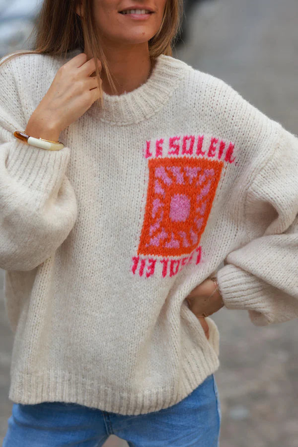 Cream Chunky Knit Sweater with Vibrant Sun Embroidery