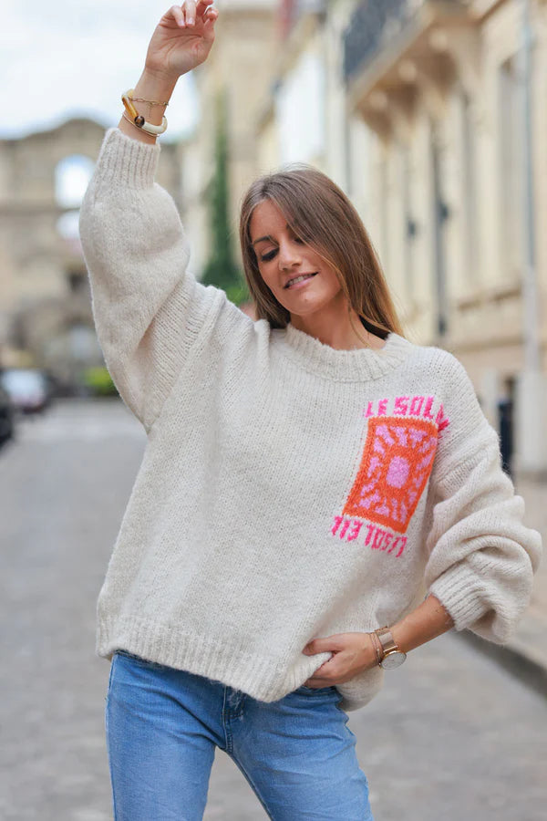 Cream Chunky Knit Sweater with Vibrant Sun Embroidery