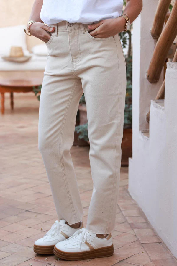 Beige Cropped Jeans with Fringe Cuff