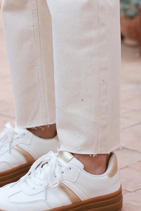 Beige Cropped Jeans with Fringe Cuff