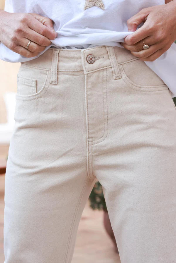 Beige Cropped Jeans with Fringe Cuff