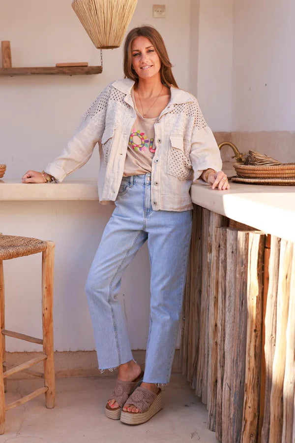 Beige Embroidered Crochet Linen Jean Jacket