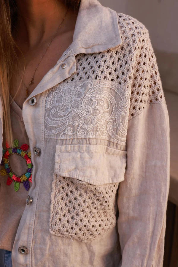 Beige Embroidered Crochet Linen Jean Jacket