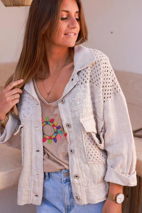 Beige Embroidered Crochet Linen Jean Jacket