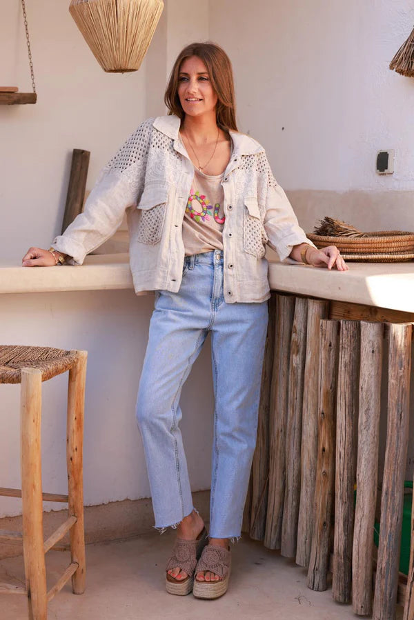Beige Embroidered Crochet Linen Jean Jacket
