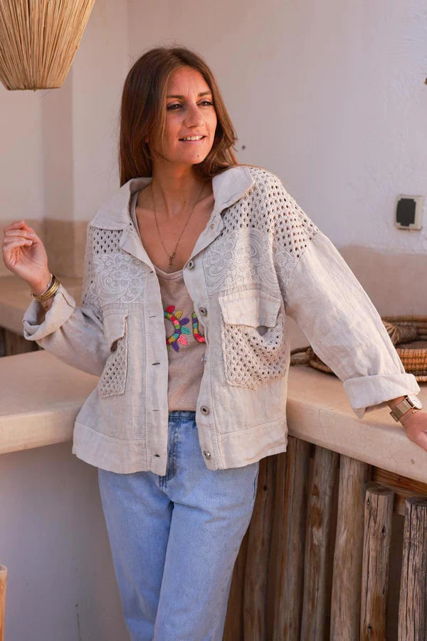 Beige Embroidered Crochet Linen Jean Jacket