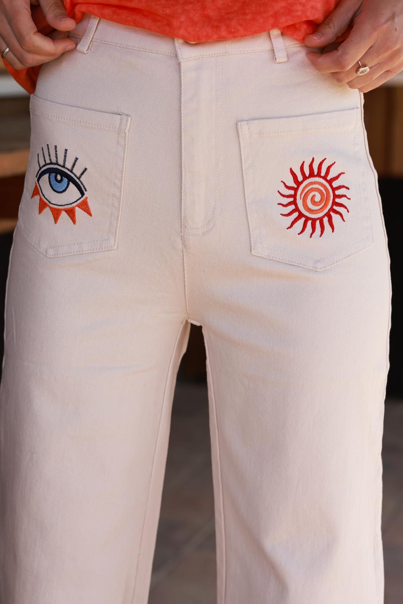 Beige Embroidered Pocket Trouser Jeans