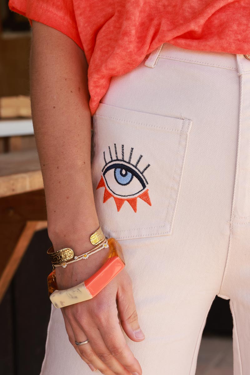 Beige Embroidered Pocket Trouser Jeans