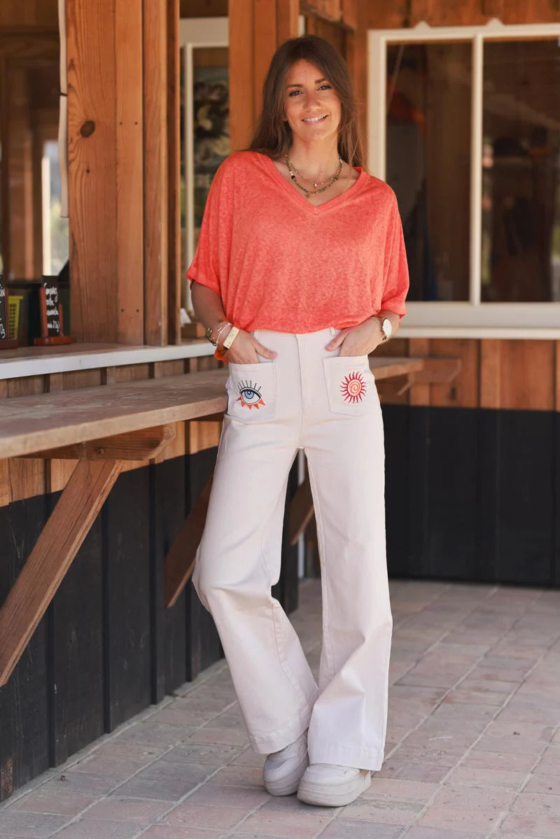 Beige Embroidered Pocket Trouser Jeans