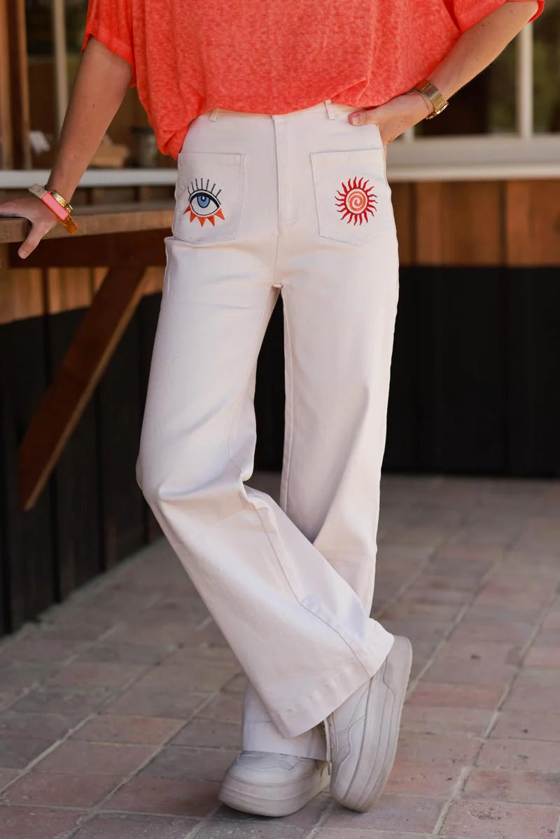 Beige Embroidered Pocket Trouser Jeans