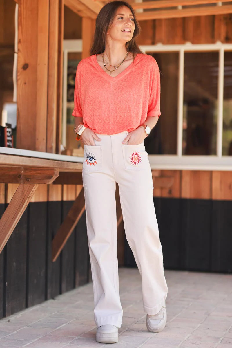 Beige Embroidered Pocket Trouser Jeans