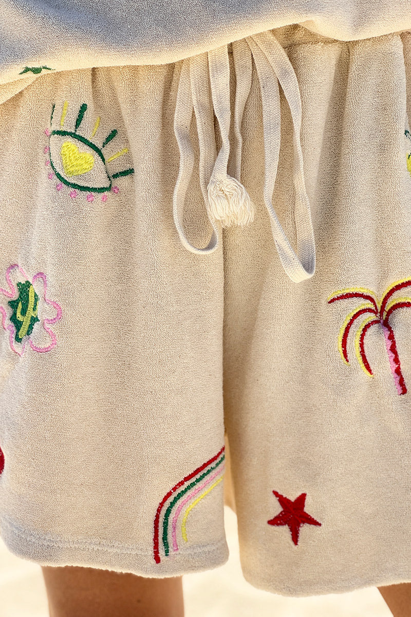 Beige Embroidered Terry Pull-On Shorts