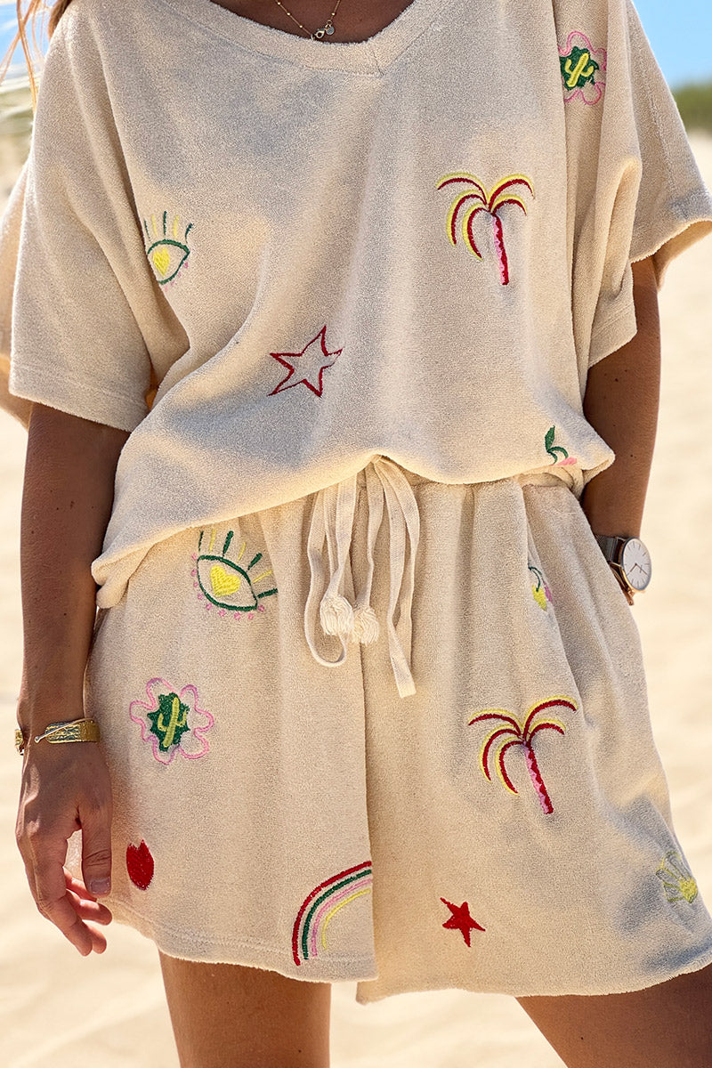 Beige Embroidered Terry Pull-On Shorts
