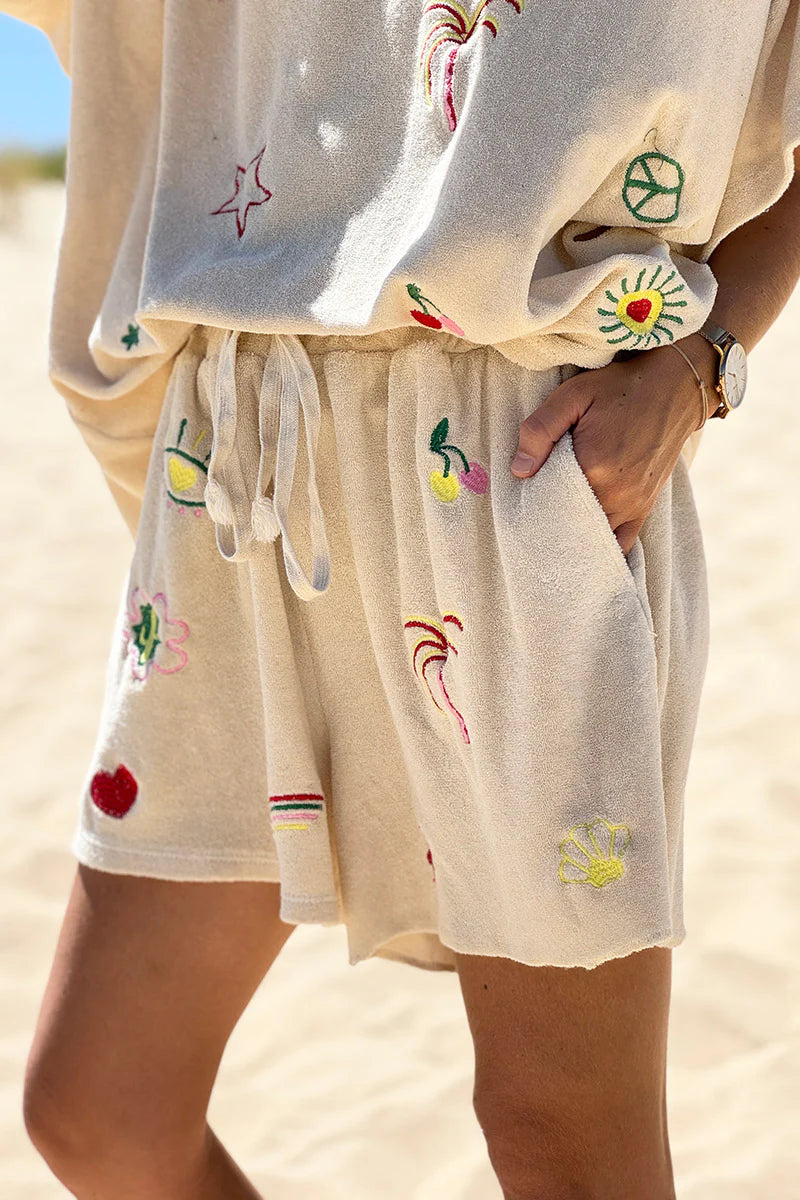 Beige Embroidered Terry Pull-On Shorts