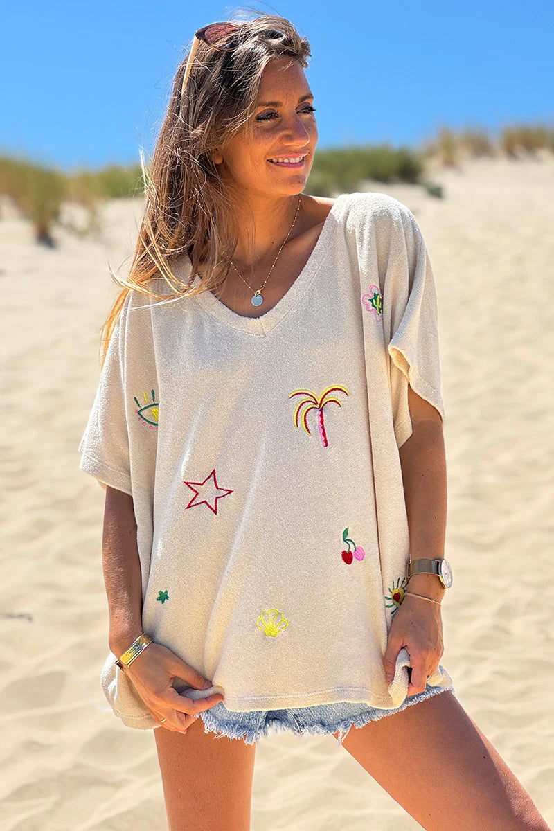 Beige Embroidered Terry V-Neck Top