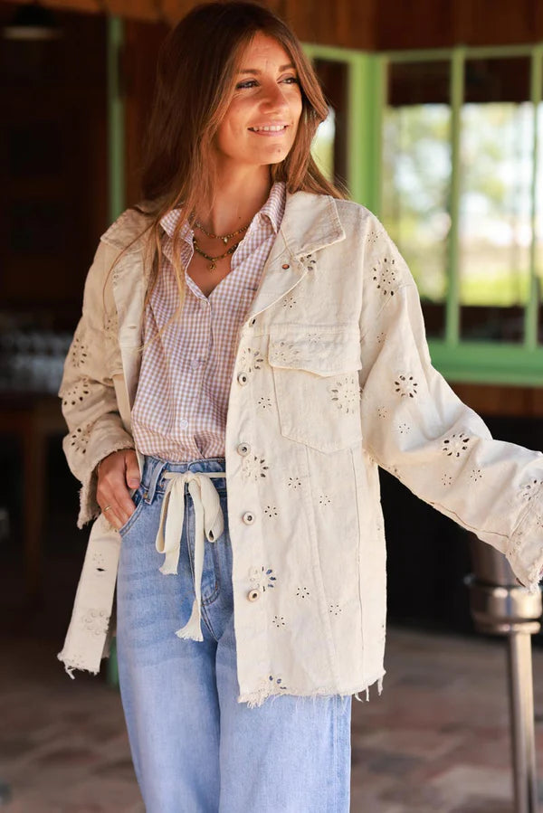 Beige Eyelet Motif Utility Jacket