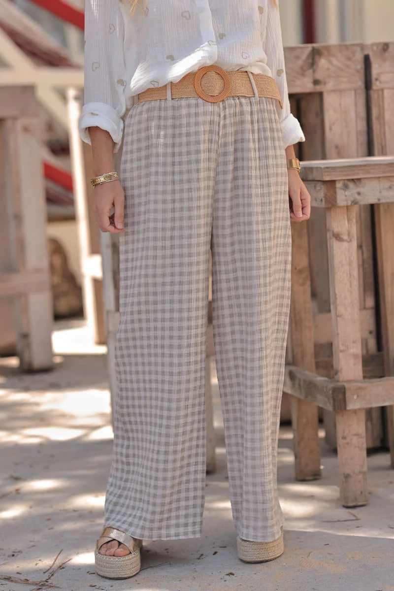 Beige Gingham Gauze Belted Pants