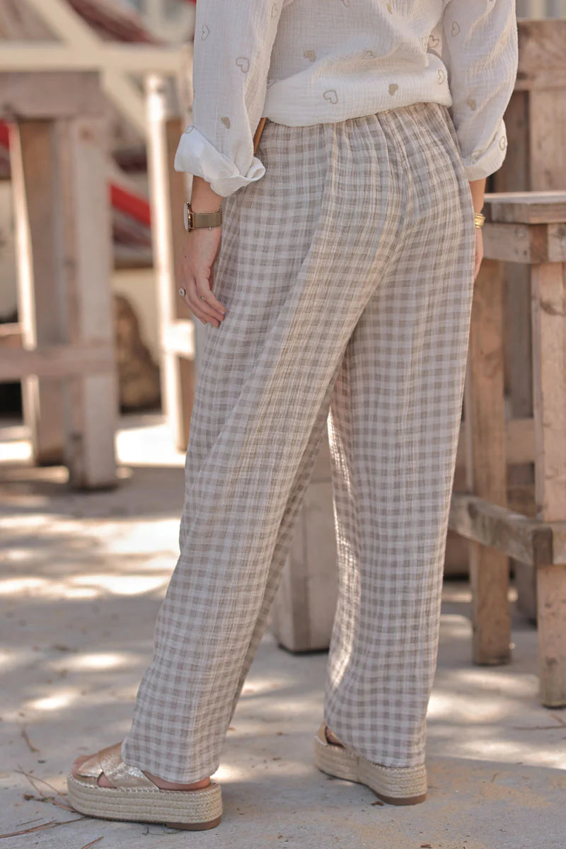 Beige Gingham Gauze Belted Pants