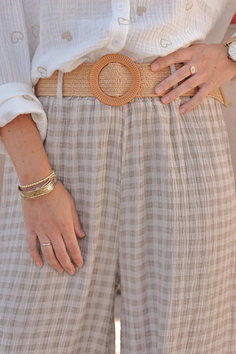 Beige Gingham Gauze Belted Pants