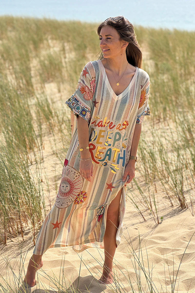 Beige Glitter Knit “Take a Deep Breath” Striped Maxi Dress
