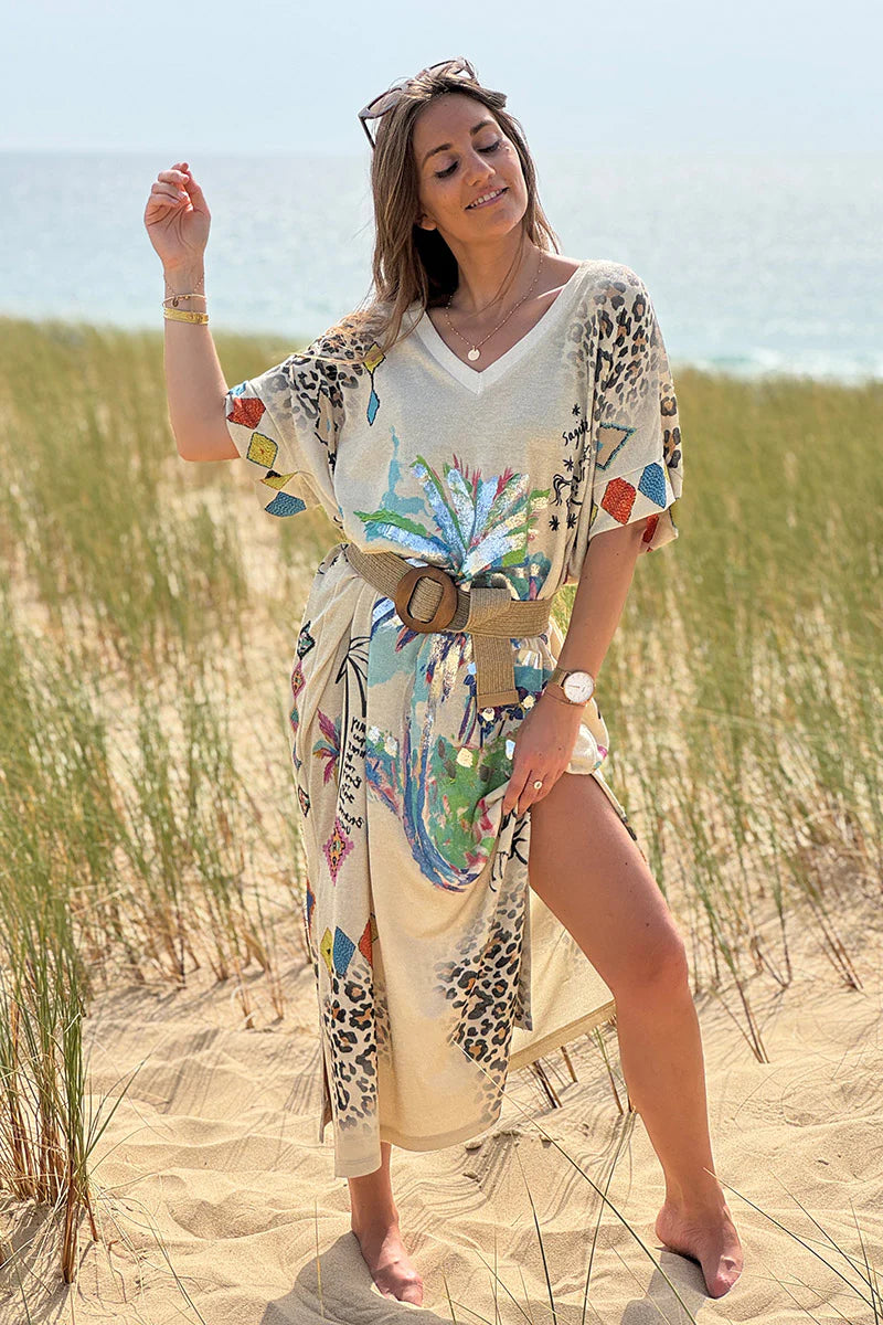 Beige Glitter Knit Tropical Watercolor Maxi Dress