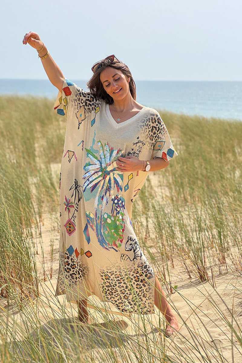 Beige Glitter Knit Tropical Watercolor Maxi Dress