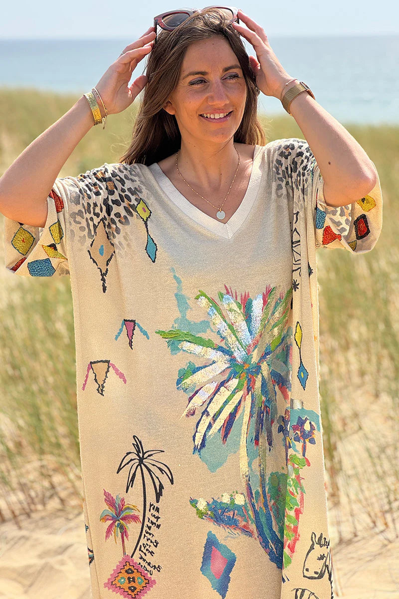 Beige Glitter Knit Tropical Watercolor Maxi Dress