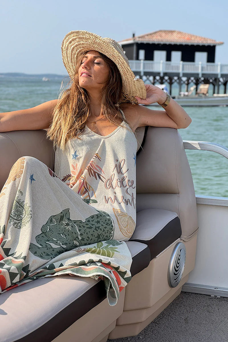 Beige “Il Dolce Far Niente” Sparkle Knit Maxi Dress