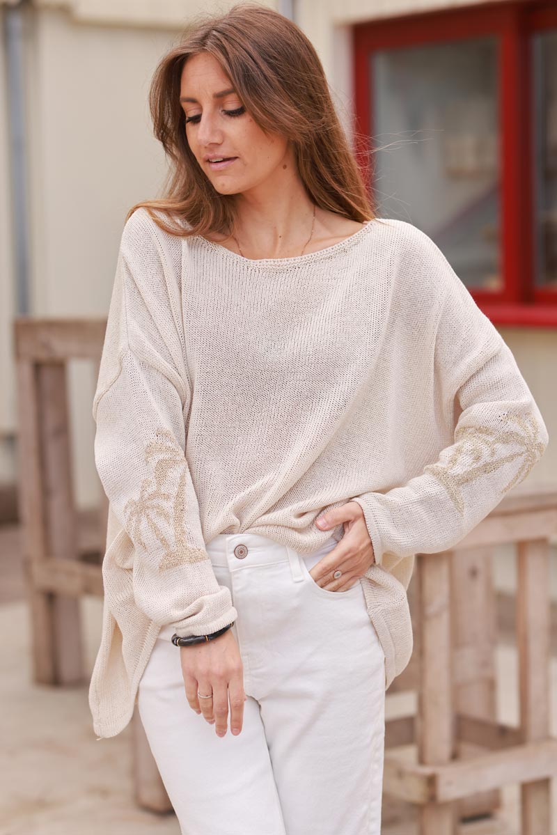 Beige Intarsia Knit Gold Palm Sweater