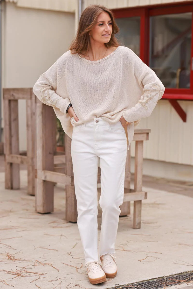 Beige Intarsia Knit Gold Palm Sweater