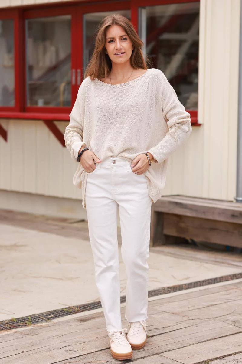 Beige Intarsia Knit Gold Palm Sweater