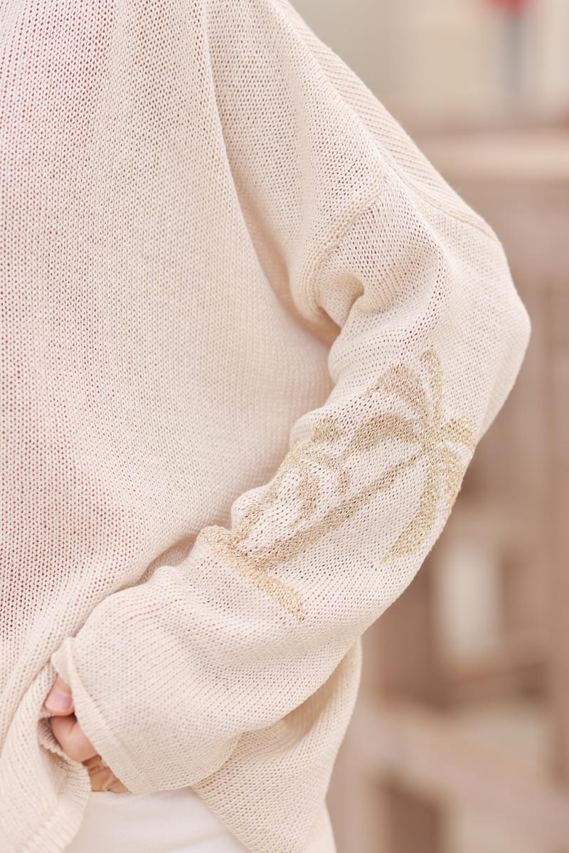 Beige Intarsia Knit Gold Palm Sweater