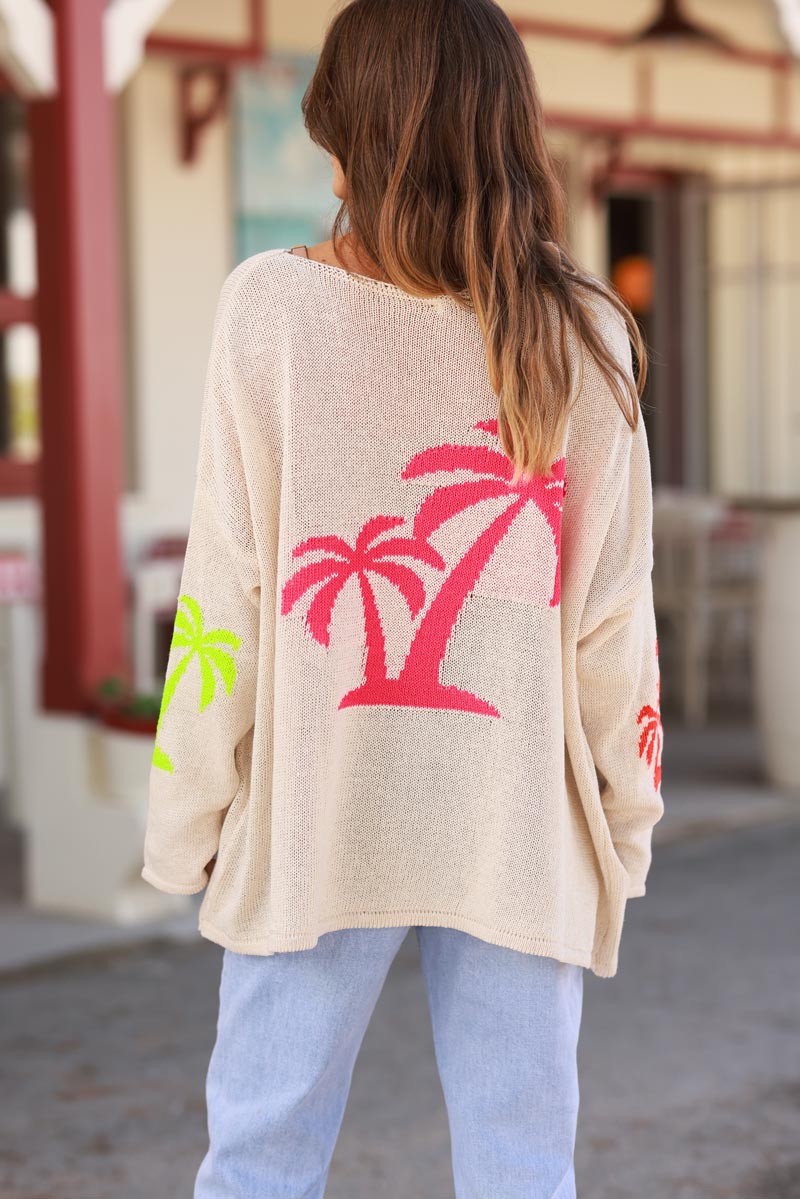 Beige Intarsia Knit Pink Palm Sweater