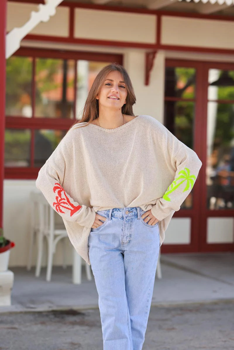 Beige Intarsia Knit Pink Palm Sweater