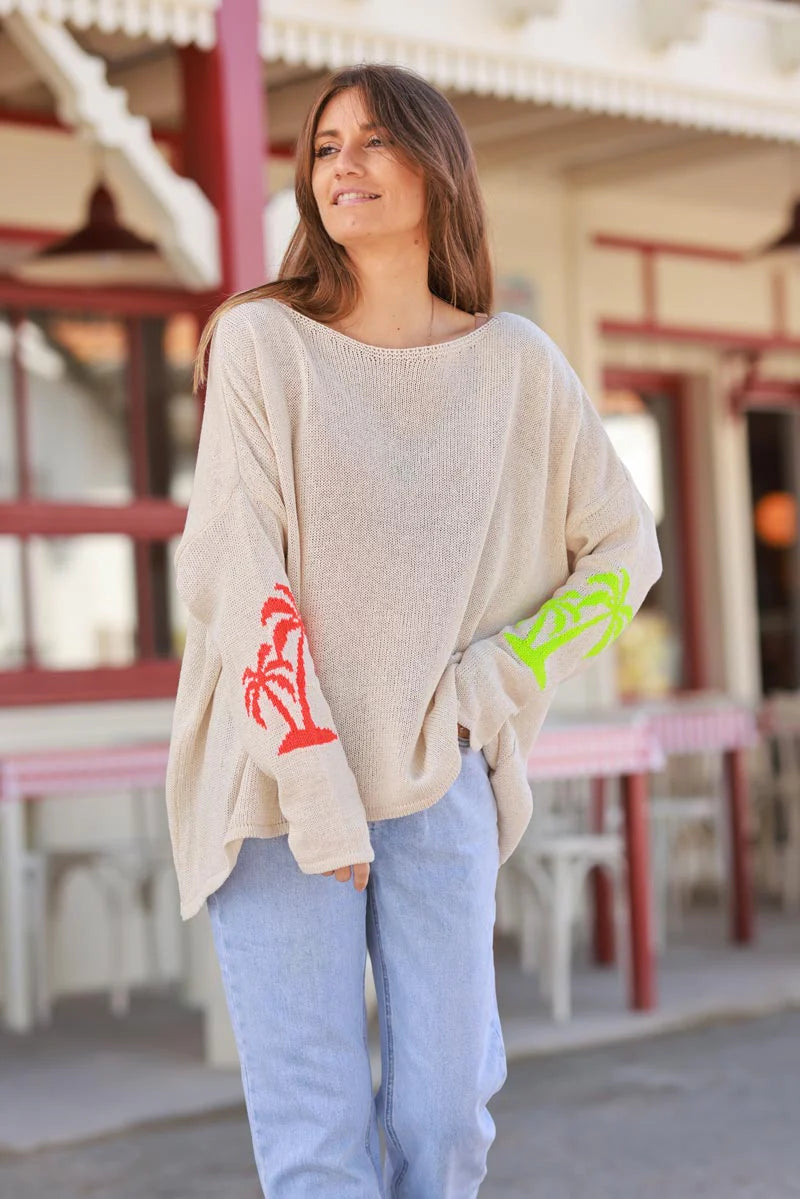 Beige Intarsia Knit Pink Palm Sweater
