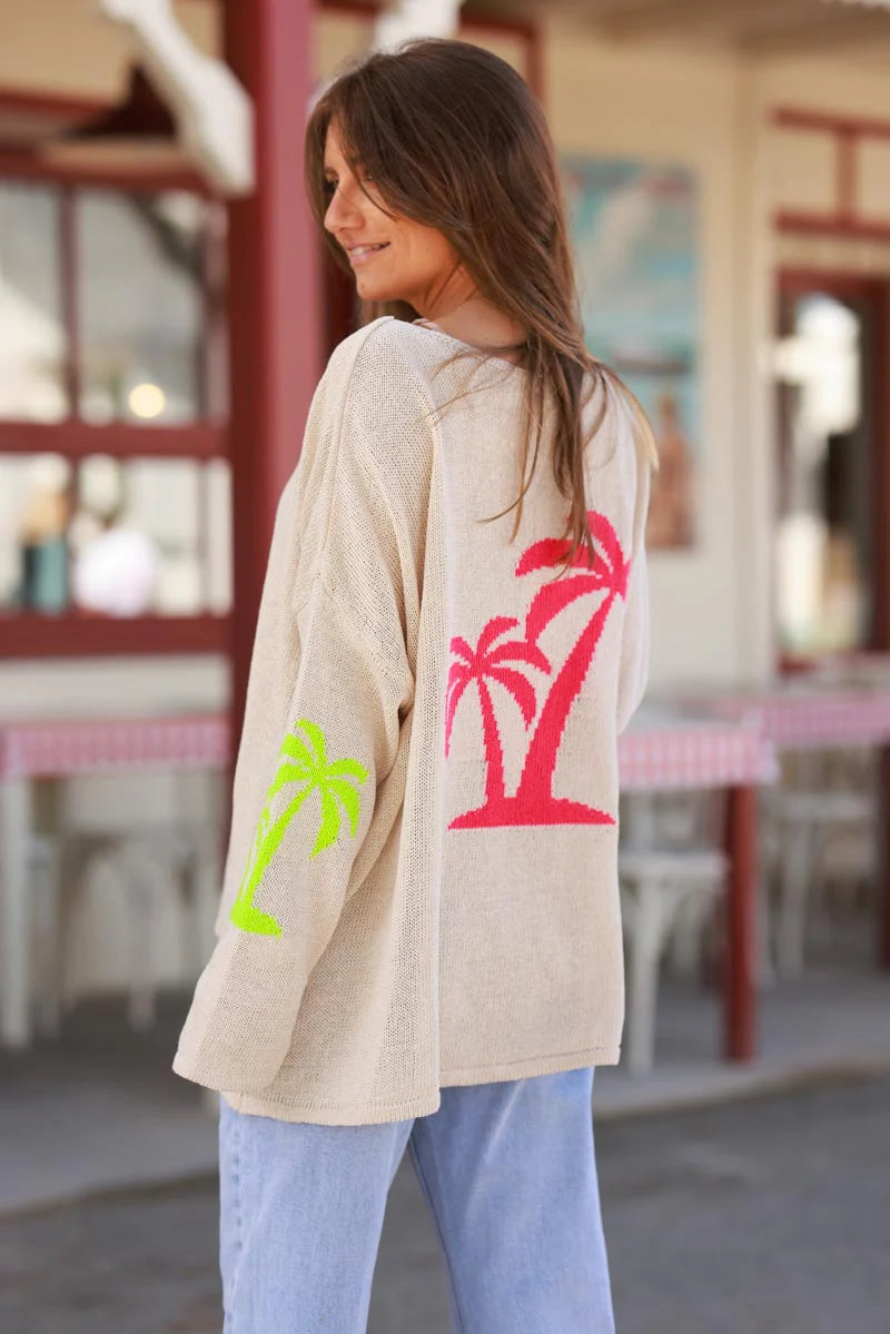 Beige Intarsia Knit Pink Palm Sweater