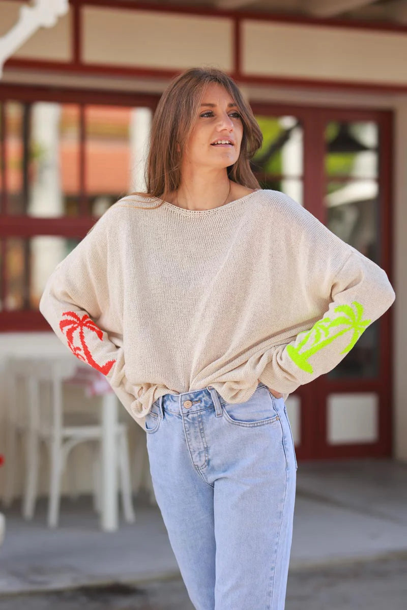 Beige Intarsia Knit Pink Palm Sweater