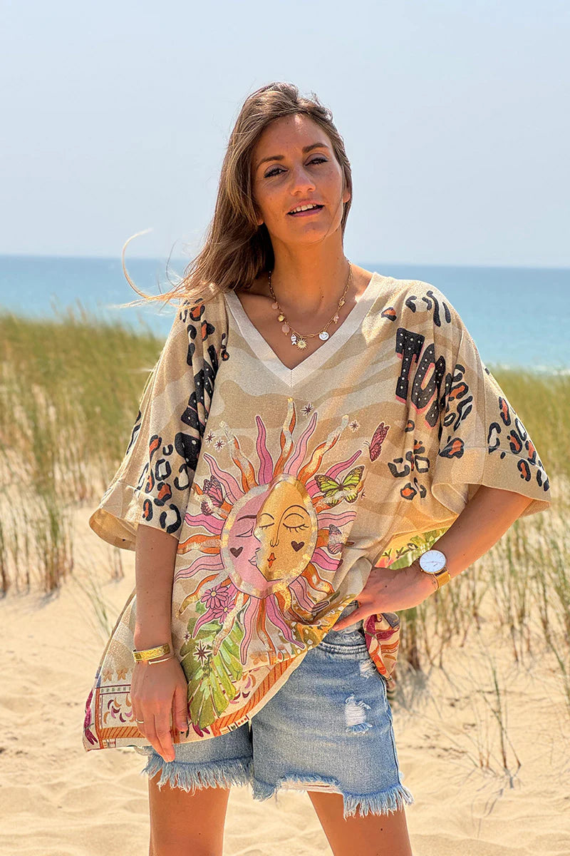 Beige Jungle Sun Glitter Knit Top
