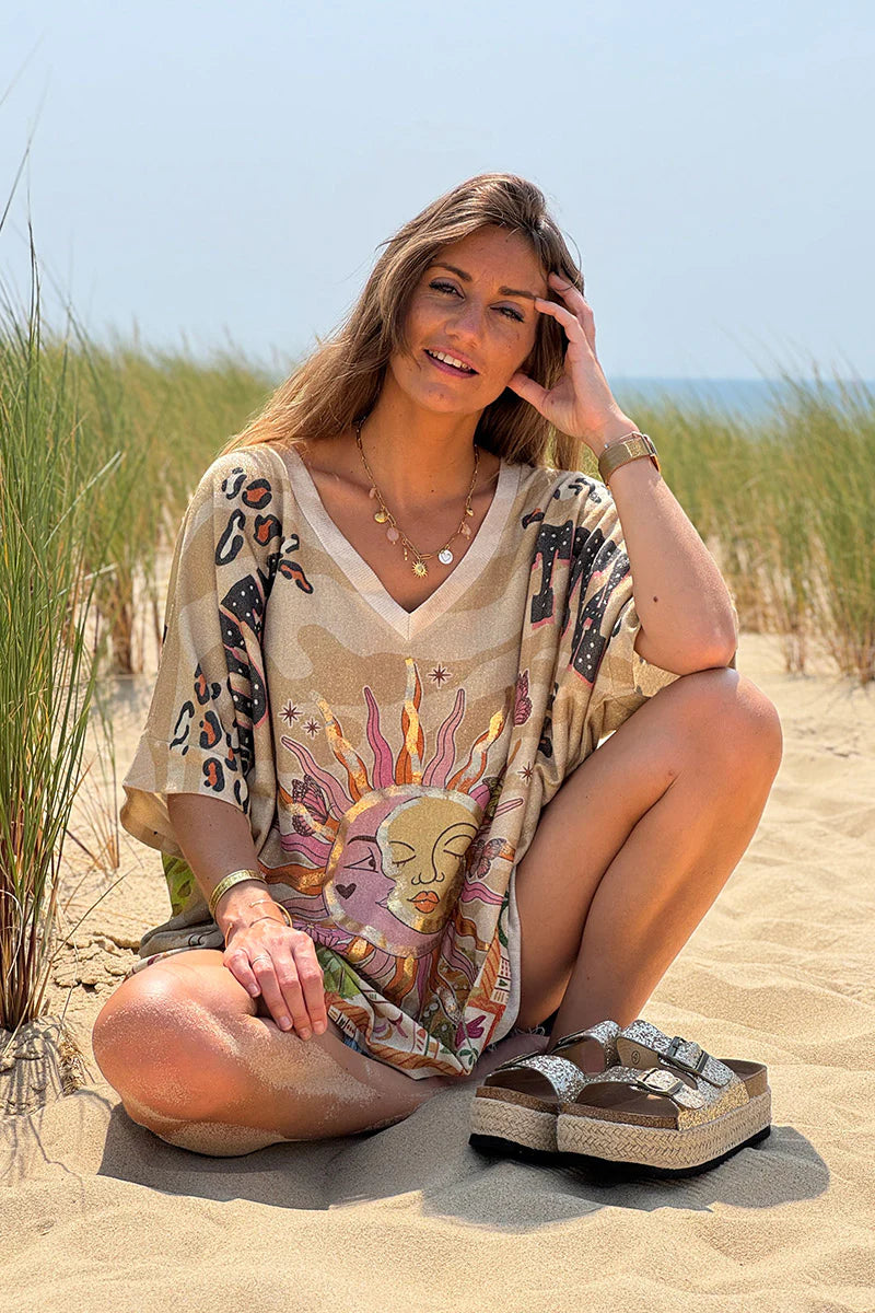 Beige Jungle Sun Glitter Knit Top