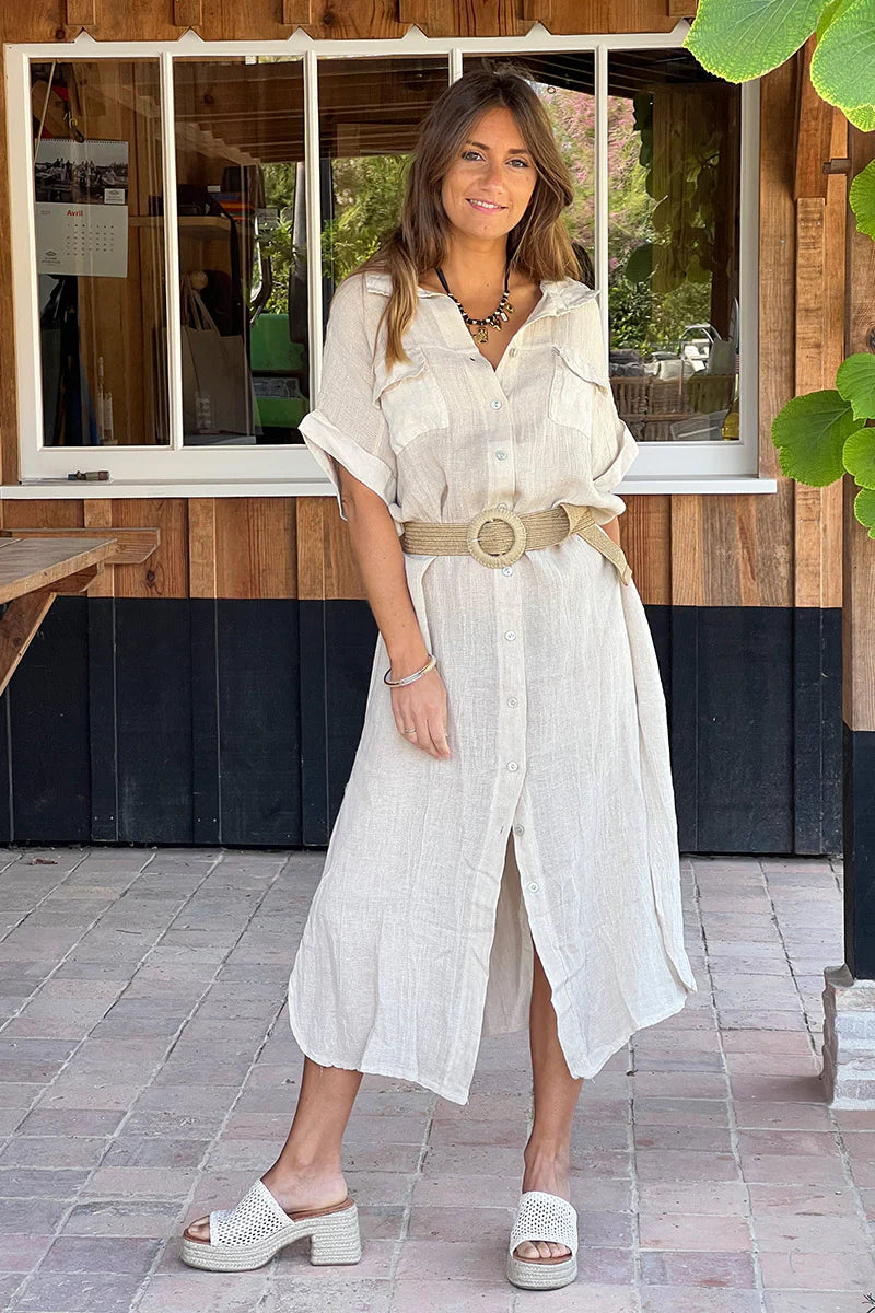 Beige Linen Beach Maxi Dress