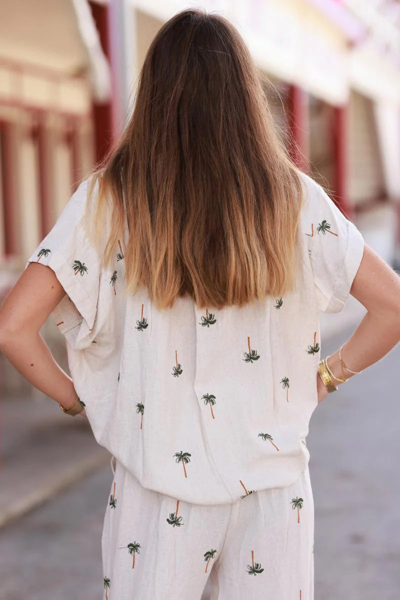 Beige Linen Embroidered Palms Shirt